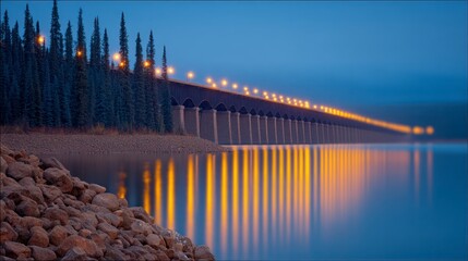 Long bridge illuminated with lights crosses over calm water reflecting yellow lights amidst trees