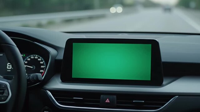 In-car view of a modern vehicle driving on a highway, featuring a central dashboard console with a green screen display for mock-up content.