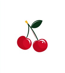 Two stylized cherries on a stem, vibrant red with dark green leaves, simple and flat design