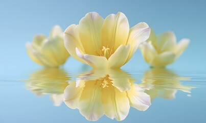 Obraz premium yellow tulip mirrored in calm water, generation AI 