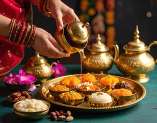 Hand Serving Traditional Indian Sweets On Golden Tray