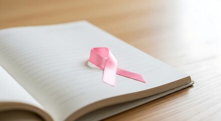 A pink ribbon on an open book, symbolizing awareness. 