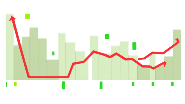 Analyzing Stock Market Graph with Red Trend Line and Bar Chart