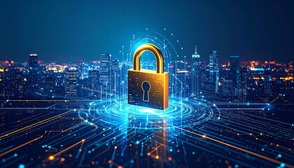 Gold padlock graphic over a digital city skyline.
