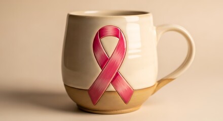 Fototapeta premium A mug with a pink ribbon, symbolizing the fight against cancer. 