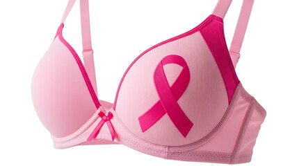 A pink bra adorned with a pink ribbon, symbolizing Breast Cancer Awareness. 