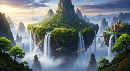 Green Mountain Floating Islands with Waterfalls, Rainbow in Foggy Fantasy Landscape