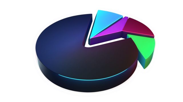 3D Pie Chart with Glowing Edges Shows Market Share Allocation