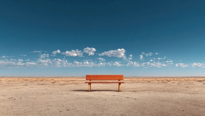 Empty orange bench in a vast, sunlit desert landscape under a clear blue sky