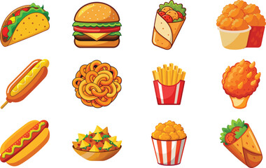 Colorful cartoon illustrations of popular american fast food menu items in a group