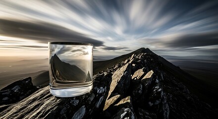 A glass cylinder with a reflective surface rests on a rocky mountain ridge, capturing a surreal, distorted image of the dramatic landscape and sky.