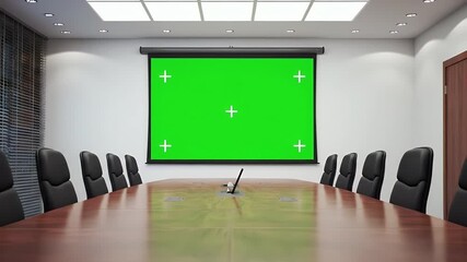 An empty corporate boardroom featuring a large chroma key green screen with tracking markers, set up for a professional business video presentation.