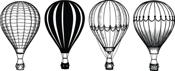 Vintage hot air balloon illustration collection, black and white sketch, retro aviation design, hand drawn, old-fashioned travel concept vector
