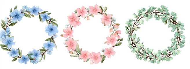 Three floral wreaths in pastel colors.  Circular designs featuring light blue, pale pink, and light green flowers and leaves, on a white background.  Delicate watercolor-style illustration