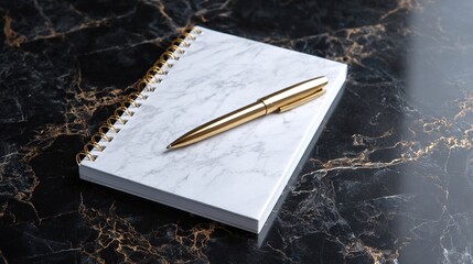 An elegant white notebook and a gold pen are placed on a black marble surface, showcasing luxurious office aesthetics and high-end workspace layout.