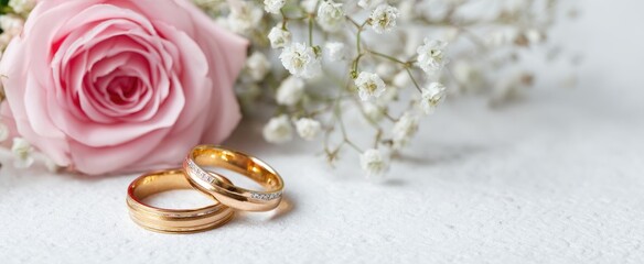 Delicate wedding rings, a soft pink rose, and white flowers on a light background