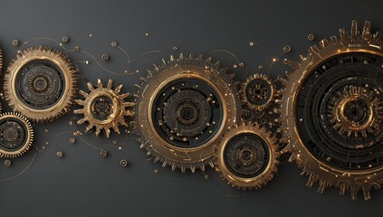 Gold and dark gray gears and cogs in a horizontal arrangement.  Complex mechanical system.  Abstract industrial design