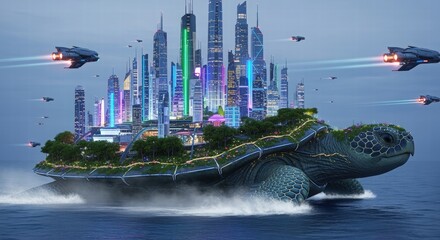 Futuristic Turtle Island Neon Cityscape on Sea with Spaceships