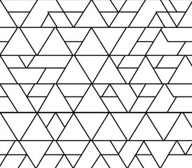 Abstract geometric pattern of interlocking triangles. Black lines form a repeating, complex tessellation of triangles