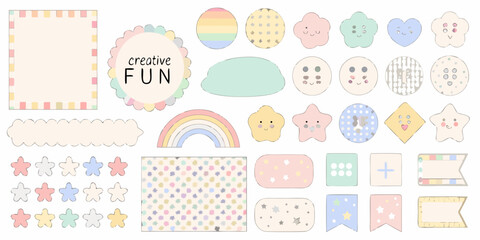 Collection of cute cartoon elements with pastel colors and happy faces