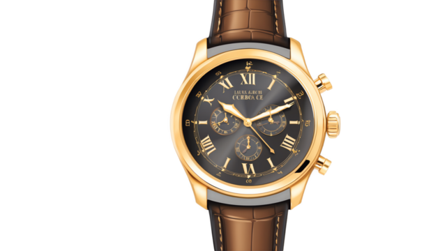 Luxury Gold Watch with Leather Band and Black Dial Display