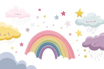 Pastel clouds, rainbow, and stars, a whimsical design