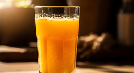 Refreshing Glass of Orange Juice on a Wooden Table, Morning Sunlight, Healthy Beverage