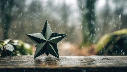 Dark green origami star on weathered wood, snow falling