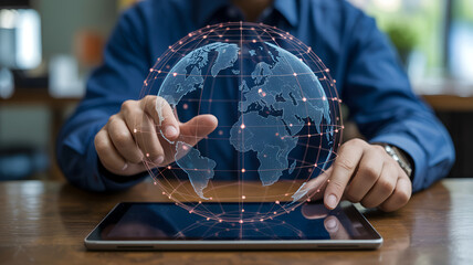 Person interacting with a holographic globe on a tablet