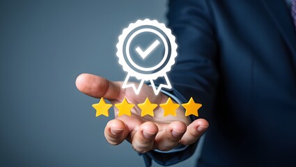 Quality control, certificate, standard, guarantee, Hand shows the sign of the top service Quality assurance 5 star, Guarantee, Standards, ISO certification and standardization concept.