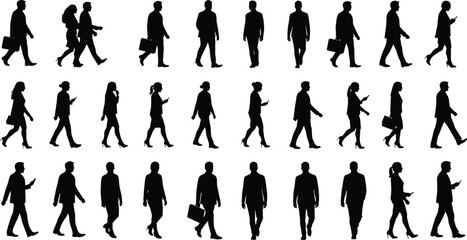 Silhouettes of business people walking, professionals using smartphones, office workers in motion, corporate vector illustration, isolated on white background