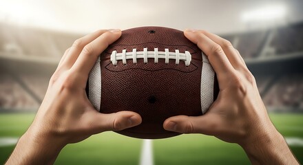 First-person perspective of a player's hands gripping a leather American football in a bright stadium.