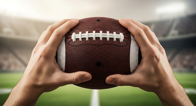 First-person perspective of a player's hands gripping a leather American football in a bright stadium.