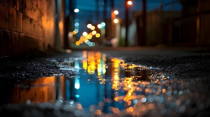 Reflections in a quiet urban alley at night