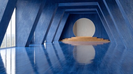 Futuristic blue room with circular entrance and reflective floor interior