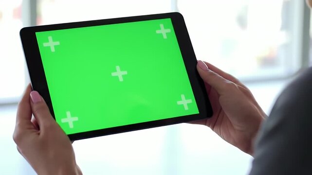 Over-the-shoulder view of a woman holding a tablet with a chroma key green screen, ideal for displaying an app or video project.