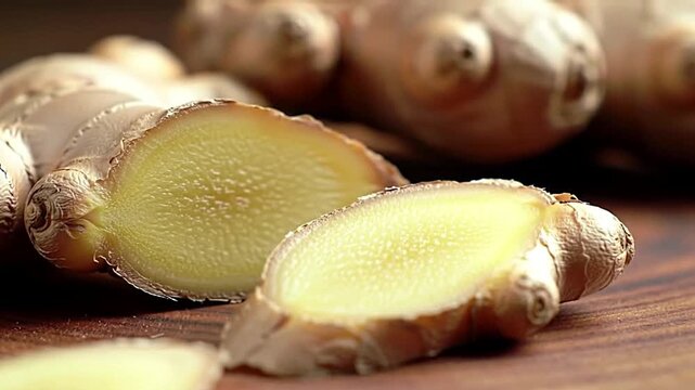 Macro shot of sliced ginger root on a wooden surface with a focus on natural ingredients