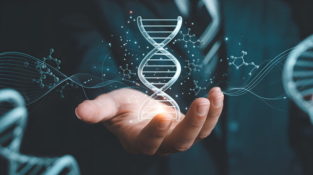 Scientist holding a glowing dna helix with digital connections