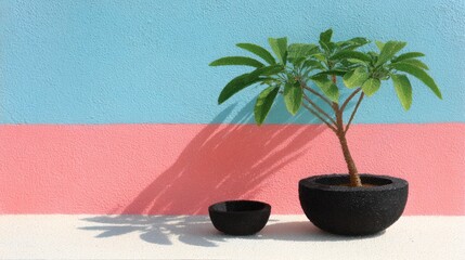 Small green plant in a black pot against a textured wall split between blue and pink