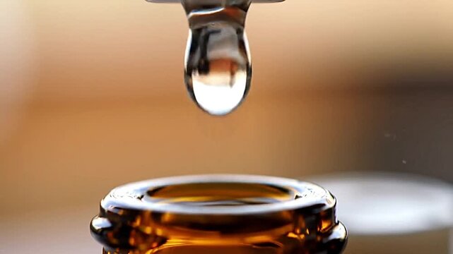 Close-up of a glass droplet falling into an essential oil bottle with relaxing aromatherapy theme