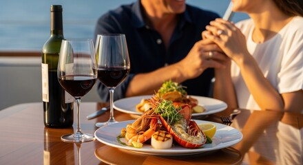 Couple enjoying a gourmet meal with wine on a luxury yacht deck