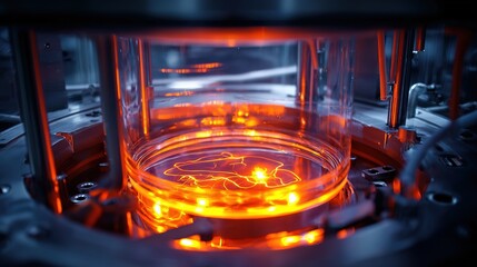 Inside bioreactor, cell culture, swirling liquid, orange lighting, bioprocessing 