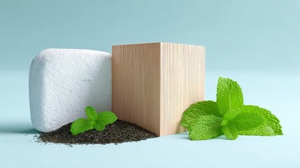 Cube with tea leaves for sustainable visuals and lifestyle concepts