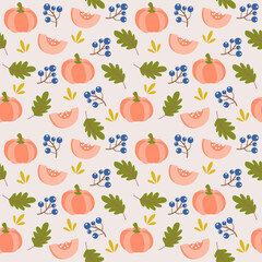 Seamless Pumpkin Pattern – Autumn Leaves, Blue Berries, and Fall Harvest Vector Background