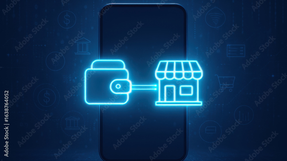 Poster e wallet integration concept. digital wallet connecting to an online store, showcasing modern e-comm