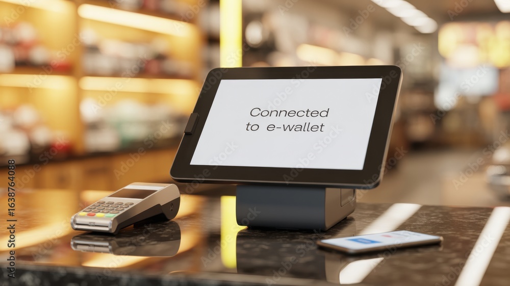 Poster e wallet integration concept. tablet displaying e-wallet message, surrounded by payment devices in a