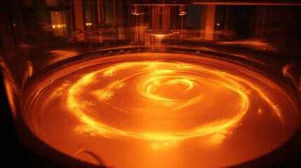 Inside bioreactor, cell culture, swirling liquid, orange lighting, bioprocessing 