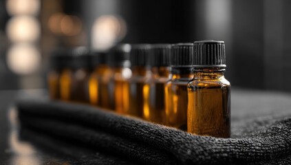 Amber glass bottles of liquid, likely essential oils, lined up on a dark cloth