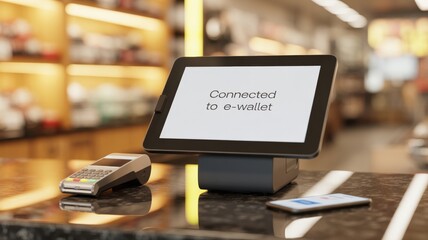 e wallet integration concept. Tablet displaying e-wallet message, surrounded by payment devices in a modern retail setting.