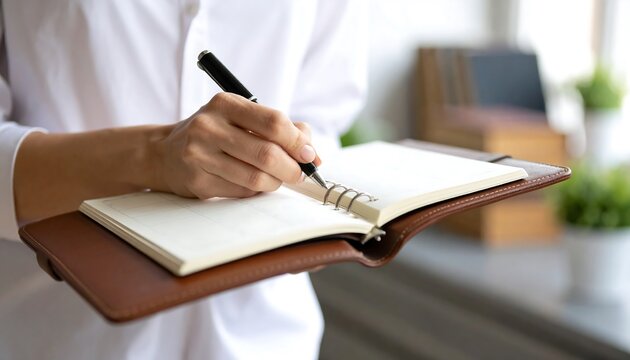 Person holding a notebook and writing. - Powered by Adobe